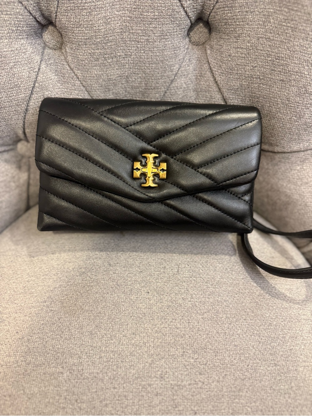 Tory Burch Black Quilted Leather Crossbody with Gold Logo Accent